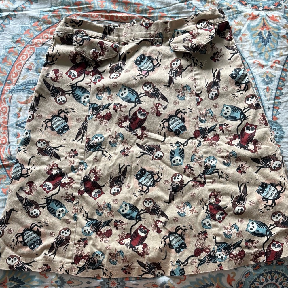 Voodoo Vixen Cream A-Line Skirt with Owl Pattern